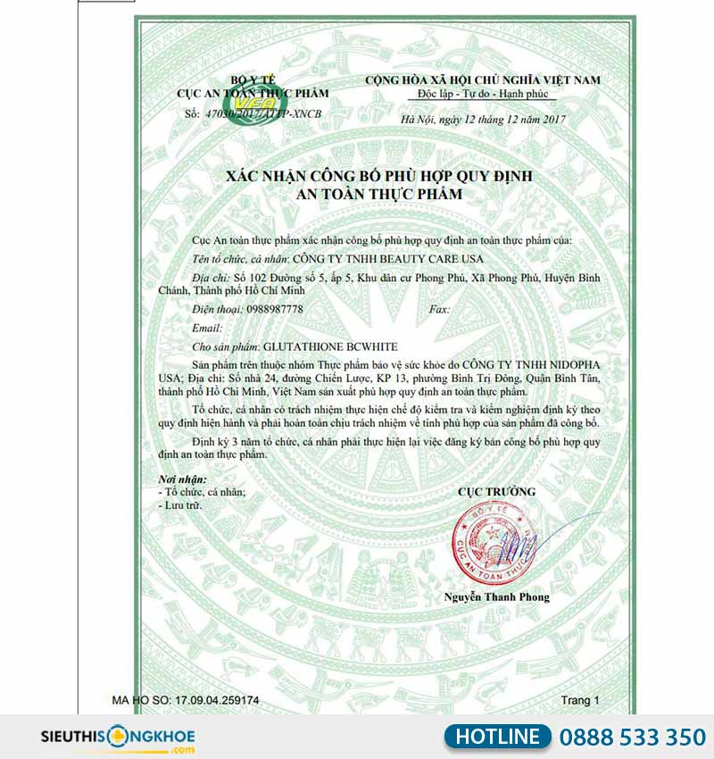 giấy chứng nhận glutathione bc white