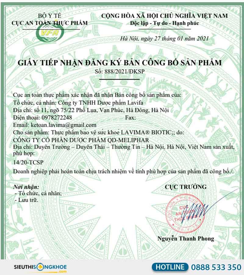 giấy chứng nhận lavima biotic