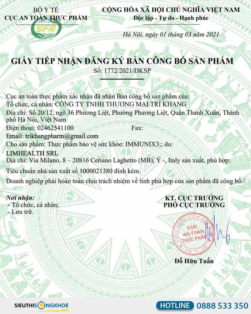 giấy chứng nhận của immunix3