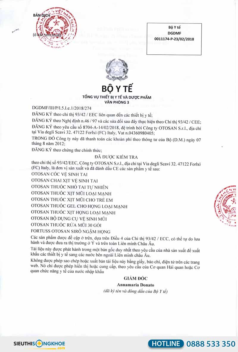 giấy chứng nhận otosan natural ear drops
