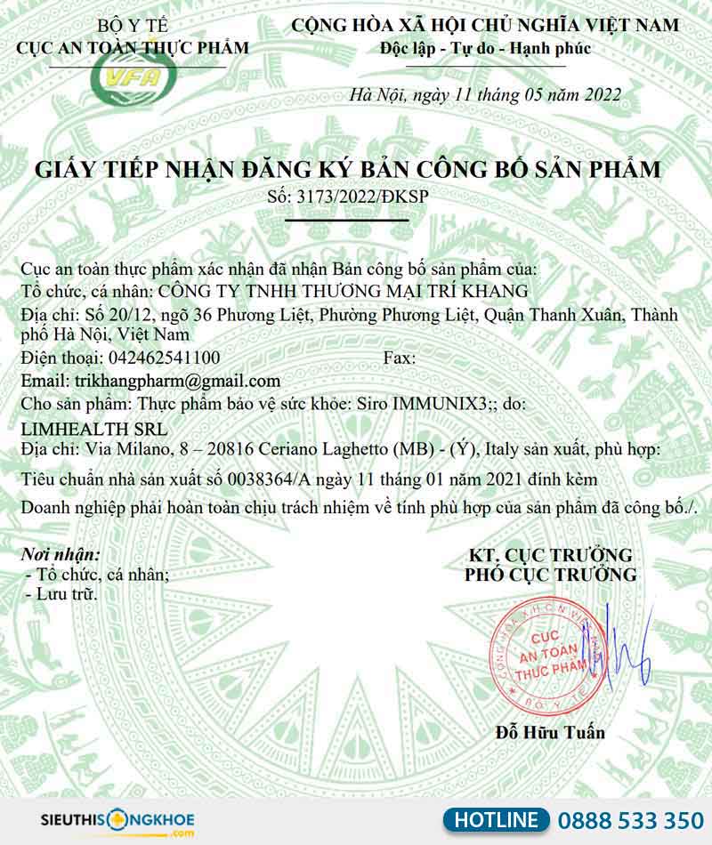 giấy chứng nhận siro immunix3 children