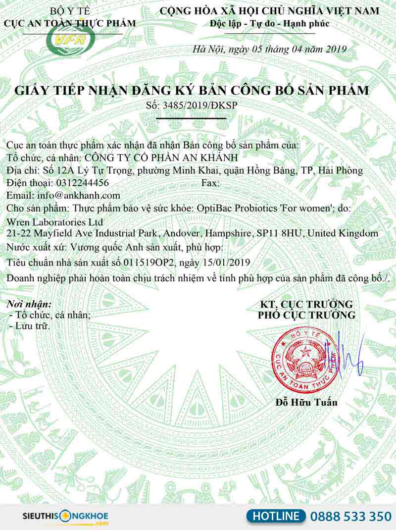 giấy chứng nhận optibac probiotics for women