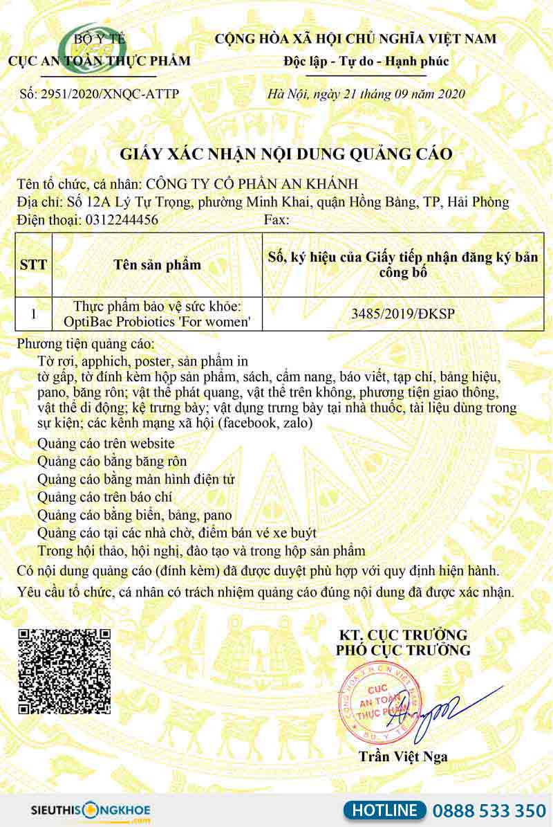 giấy xác nhận nội dung quảng cáo optibac probiotics for women