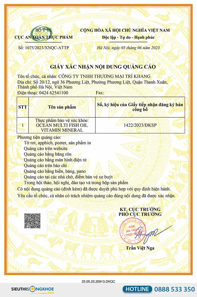 giấy xác nhận nội dung quảng cáo ocean fish oil
