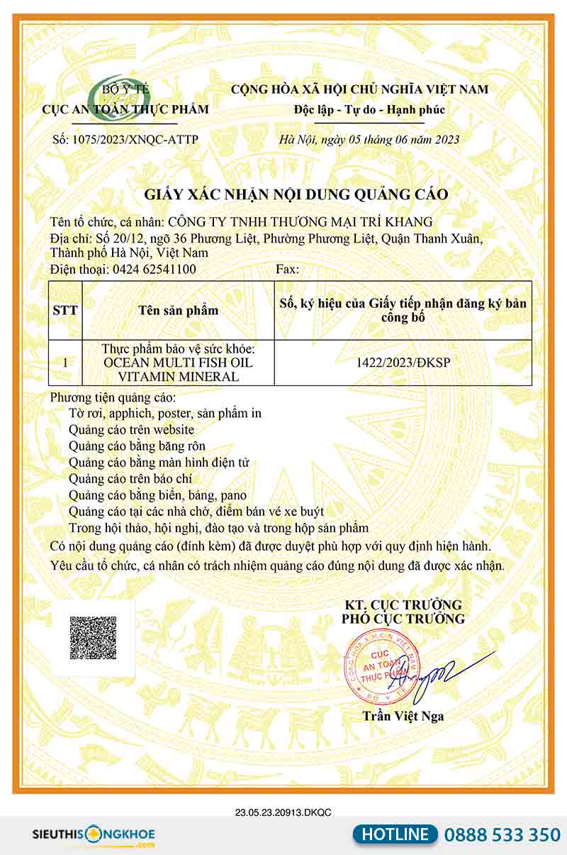 giấy xác nhận nội dung quảng cáo ocean fish oil