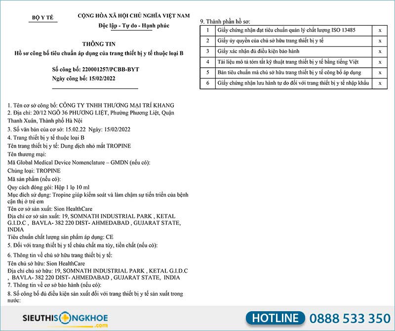 giấy chứng nhận dung dịch nhỏ mắt tropine