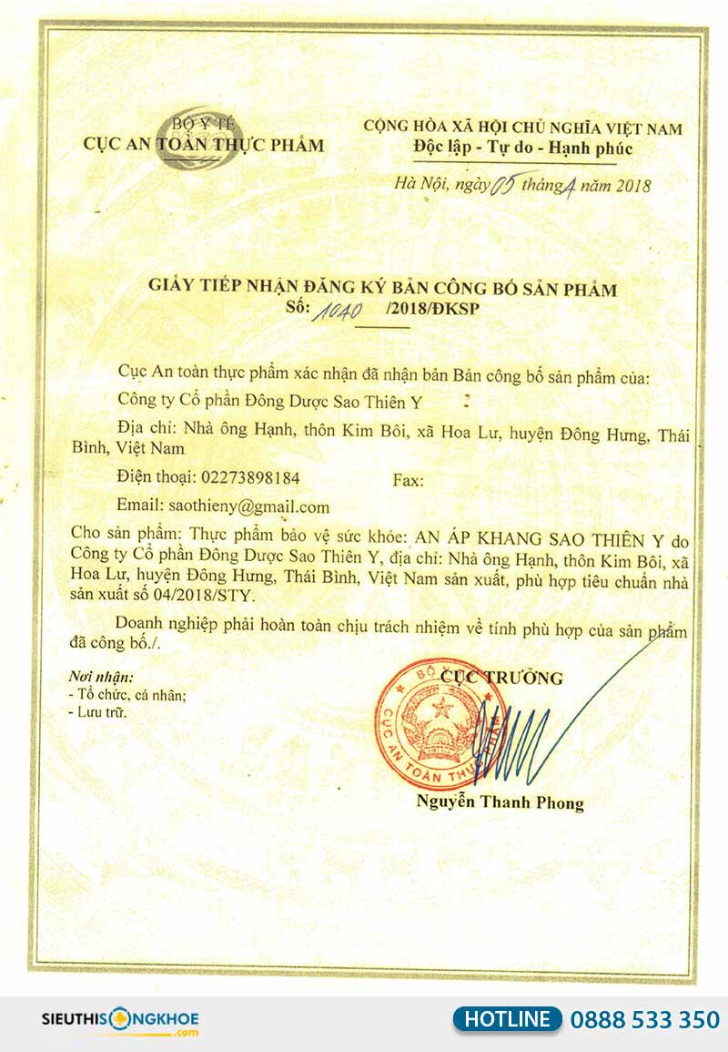 giấy chứng nhận an áp khang sao thiên y