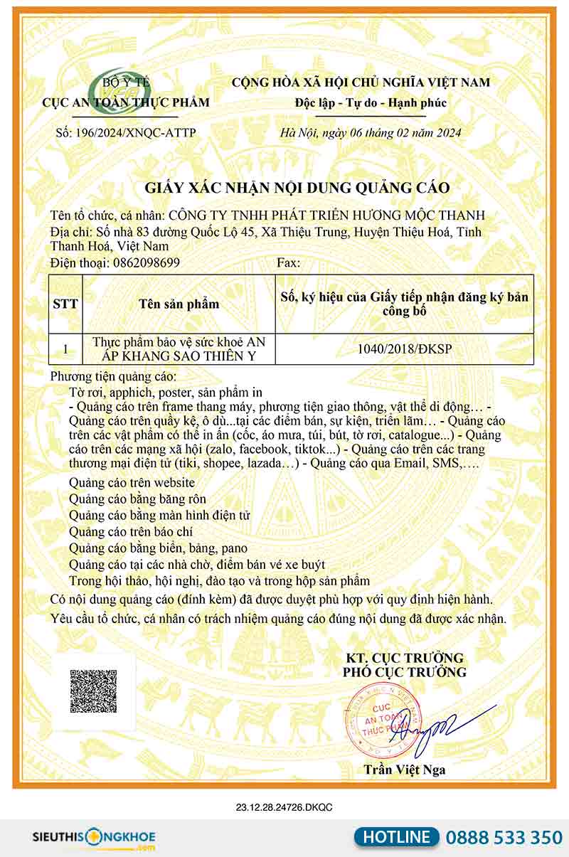 giấy xác nhận nội dung quảng cáo an áp khang sao thiên y